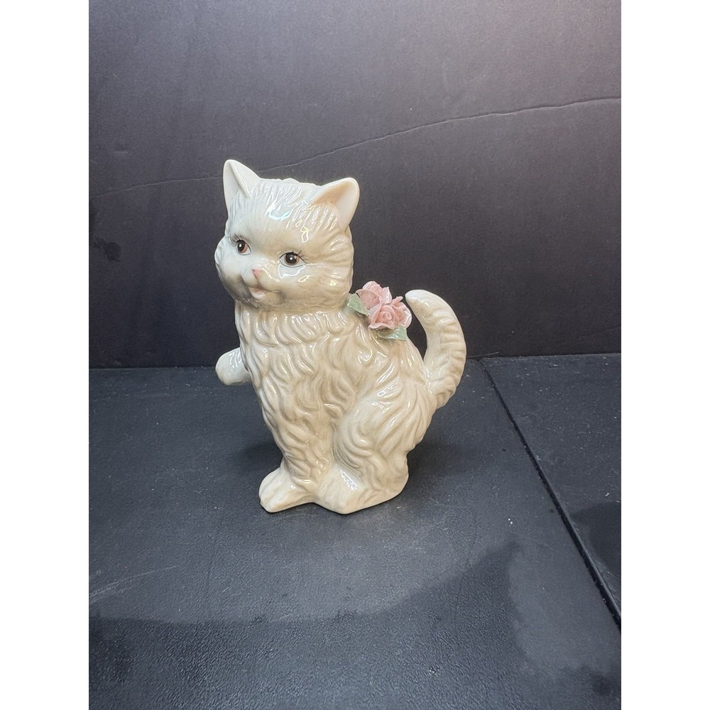 Vintage Cat Figurine With Flowers White Long Hair Ceramic Feline Paw Raised